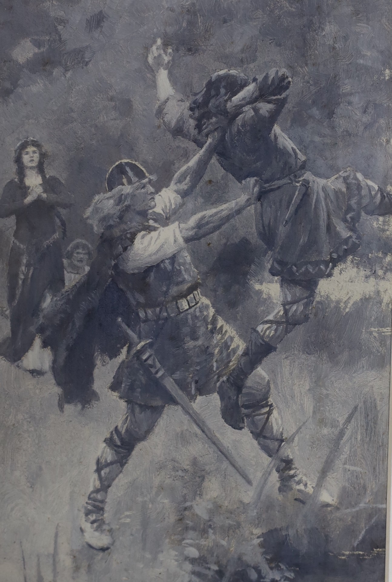 Original Artwork - Percy Tarrant (1879-1930) - A set of four en grisaille illustrations for The Twenty-five Swordsmen, by Escott Lynn, signed monograms, 19 x 13cms., framed, together with a copy of the book, circa 1905 (